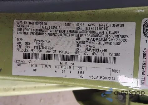 2012 Ford Fiesta Se from USA, damaged, VIN 3FADP4EJ5CM173820